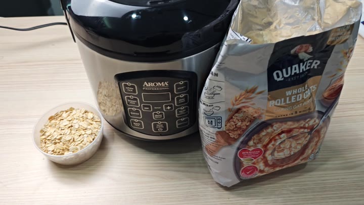 Aroma rice cooker beside oat bag Aroma rice cooker beside oat bag
