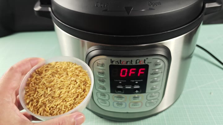 Brown rice bowl in front of Instant Pot Brown rice bowl in front of Instant Pot