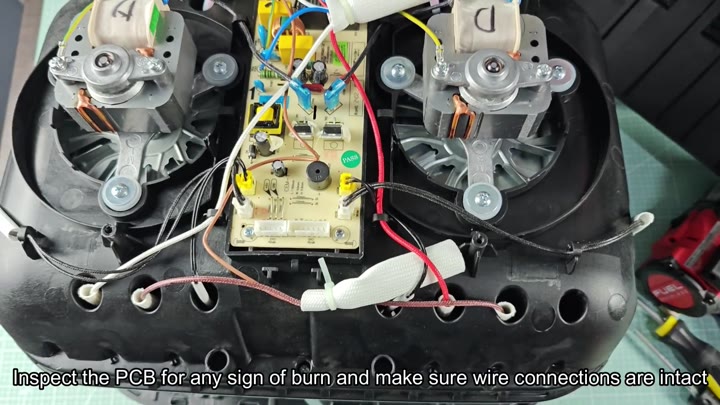 Inspect PCB for burns and loose wires Inspect PCB for burns and loose wires