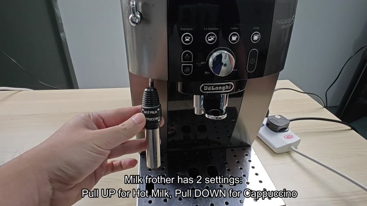 Steam wand labeled for hot milk setting Steam wand labeled for hot milk setting